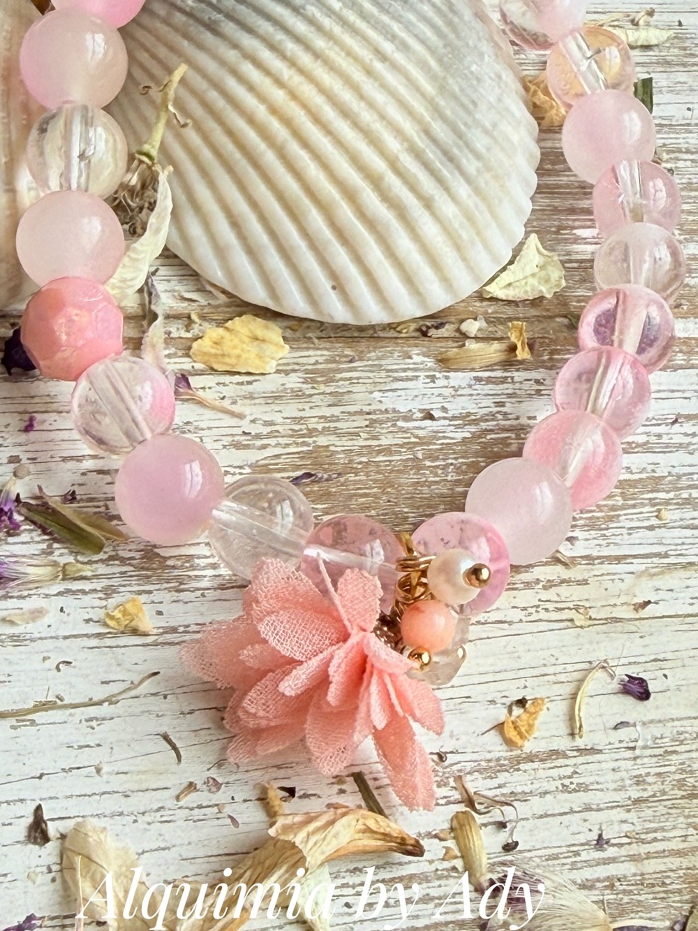 Quartz + coral + baroque pearl Pink Beaded Bracelet with Fabric Flower Charm